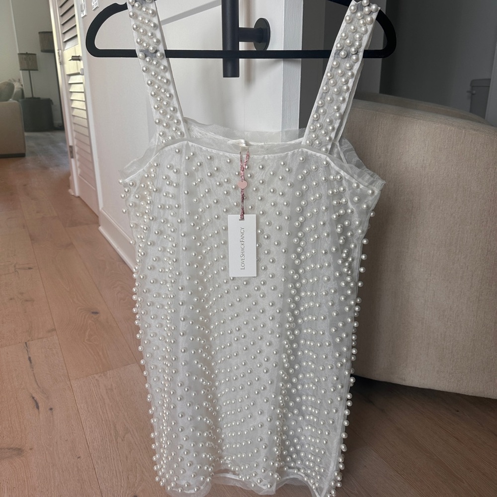 LoveShackFancy Ivory Pearl-Embellished Mini Dress